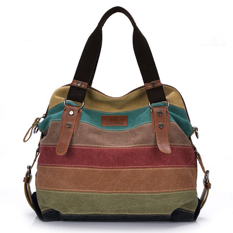 2021 New Canvas Bag European And American Rainbow Striped Canvas Bag Fashion Stitching Women's Washed Bag Canvas Bag Shoulder Bag