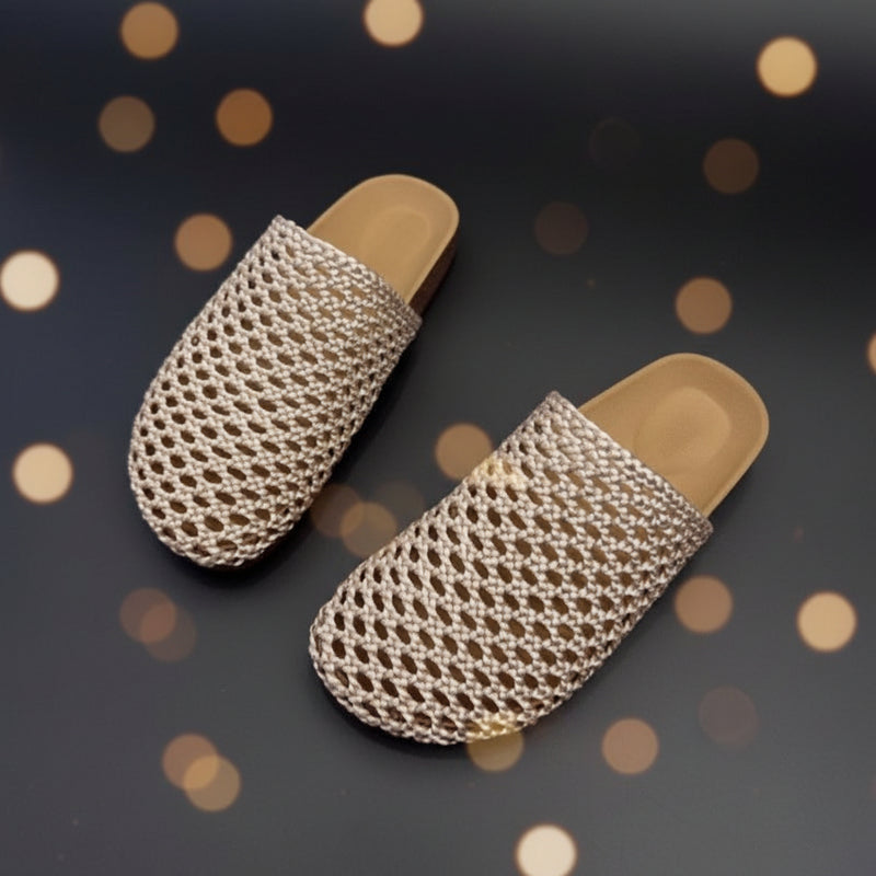 2025 Summer Internet Celebrity New Style Cut Out Woven Sandals Women's Thick-Soled Round-Toe Half-Slippers Slip-On Mules