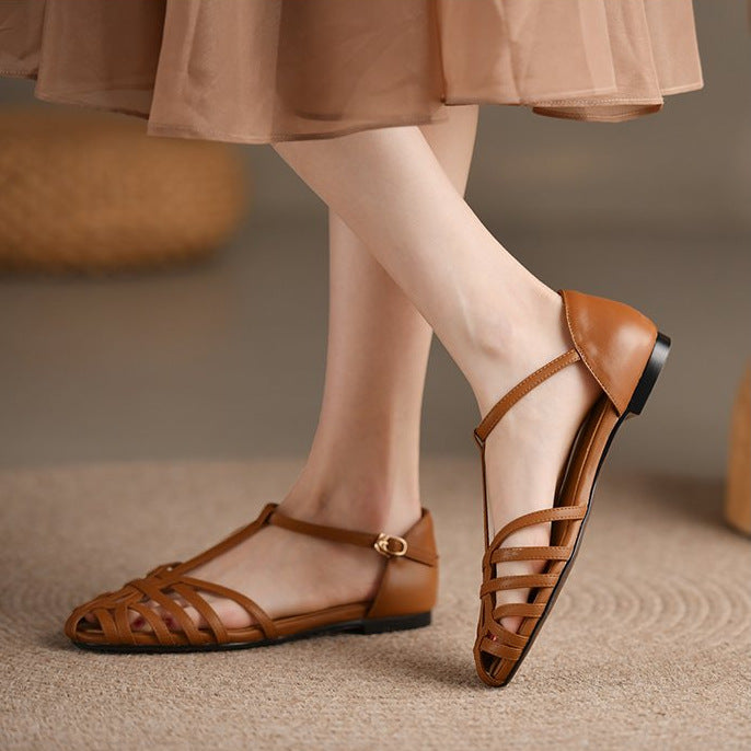 Flat Shoes Women's  Spring And Summer New Fashion Hollow Breathable Korean Style One-word Buckle Fashion Shoes Spot Women's Shoes