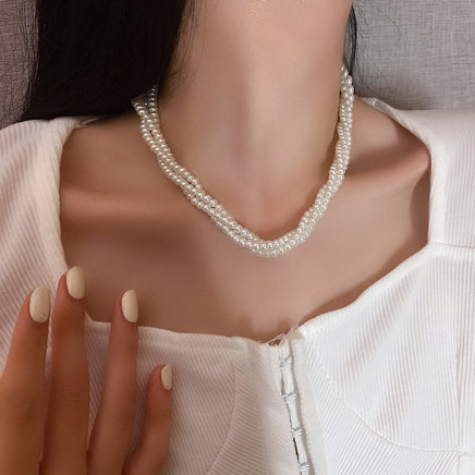 Retro Multi-layer Winding Imitation Pearl Necklace European And American Ins Elegant Simple Choker Fashion Niche Clavicle Chain Women