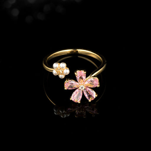 Advanced Sense Double Flower Opening Ring Niche Light Luxury Exquisite Finger Ring Real Gold Electroplating Explosive Adjustable Ring