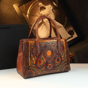 Retro Women's Bag Embossed Flower Tote Bag Genuine Leather New Ethnic Style Single Shoulder Crossbody Bag Large Capacity