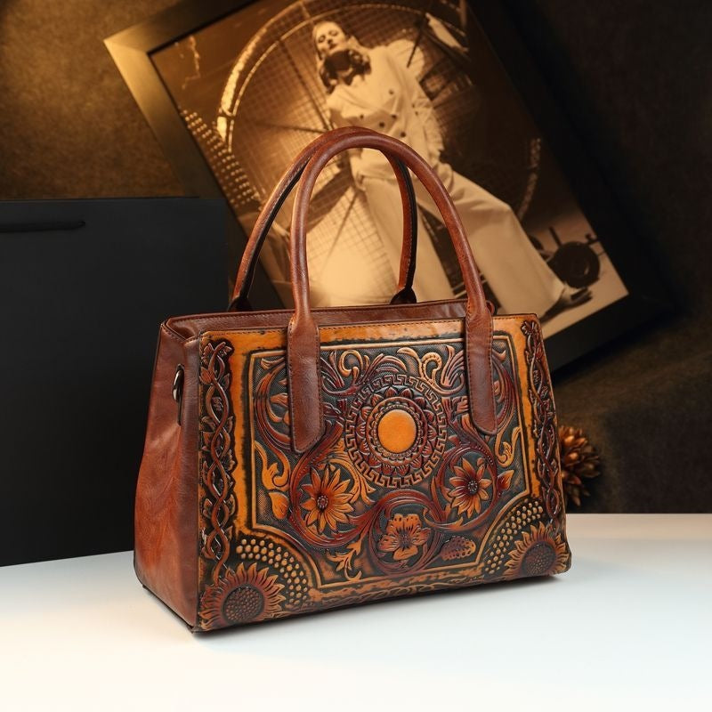 Retro Women's Bag Embossed Flower Tote Bag Genuine Leather New Ethnic Style Single Shoulder Crossbody Bag Large Capacity
