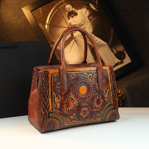 Retro Women's Bag Embossed Flower Tote Bag Genuine Leather New Ethnic Style Single Shoulder Crossbody Bag Large Capacity