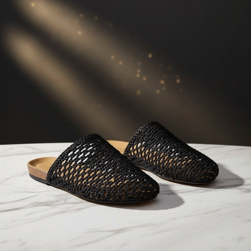 2025 Summer Internet Celebrity New Style Cut Out Woven Sandals Women's Thick-Soled Round-Toe Half-Slippers Slip-On Mules