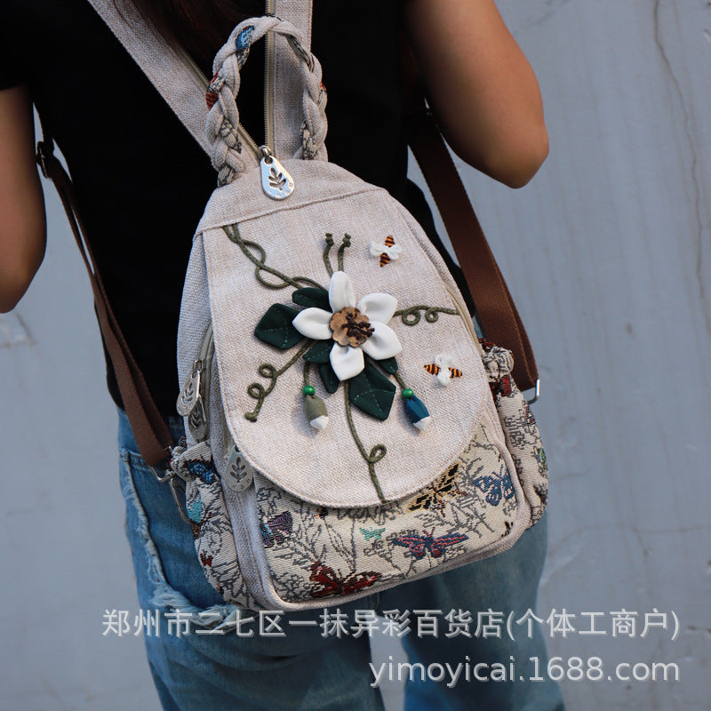 Pastoral Style Fresh Style Women's Shoulder Bag Double-Layer Casual Canvas Dual-Use Chest Bag Travel All-Match Small Backpack