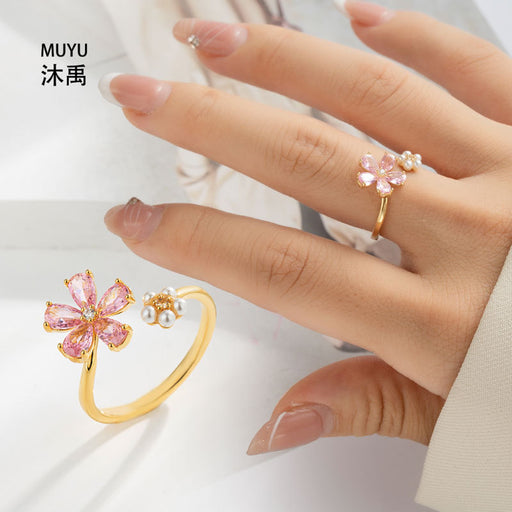 Advanced Sense Double Flower Opening Ring Niche Light Luxury Exquisite Finger Ring Real Gold Electroplating Explosive Adjustable Ring
