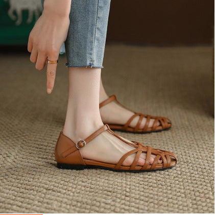 Flat Shoes Women's  Spring And Summer New Fashion Hollow Breathable Korean Style One-word Buckle Fashion Shoes Spot Women's Shoes
