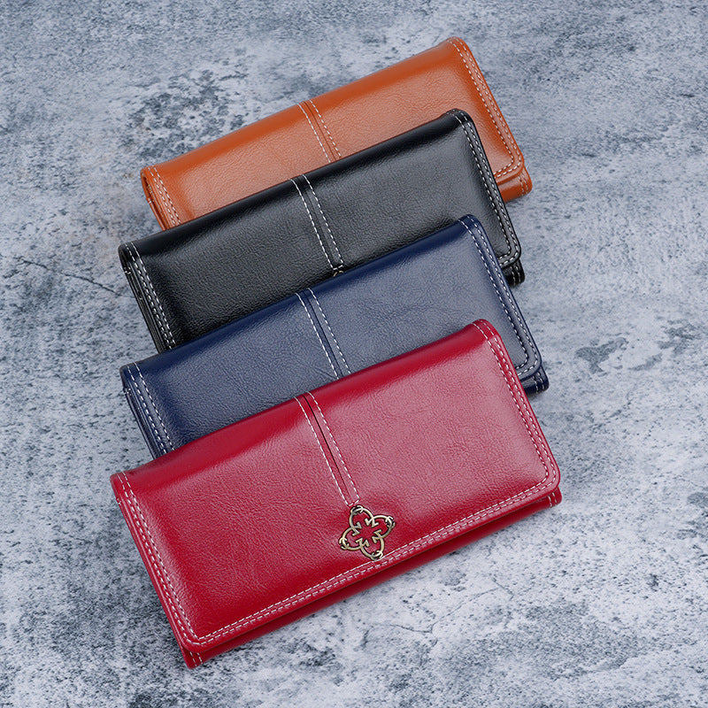 Women's Long Wallet Wholesale Cross-Border European And American Retro Oil Wax Leather Women's Wallet Women Wallet