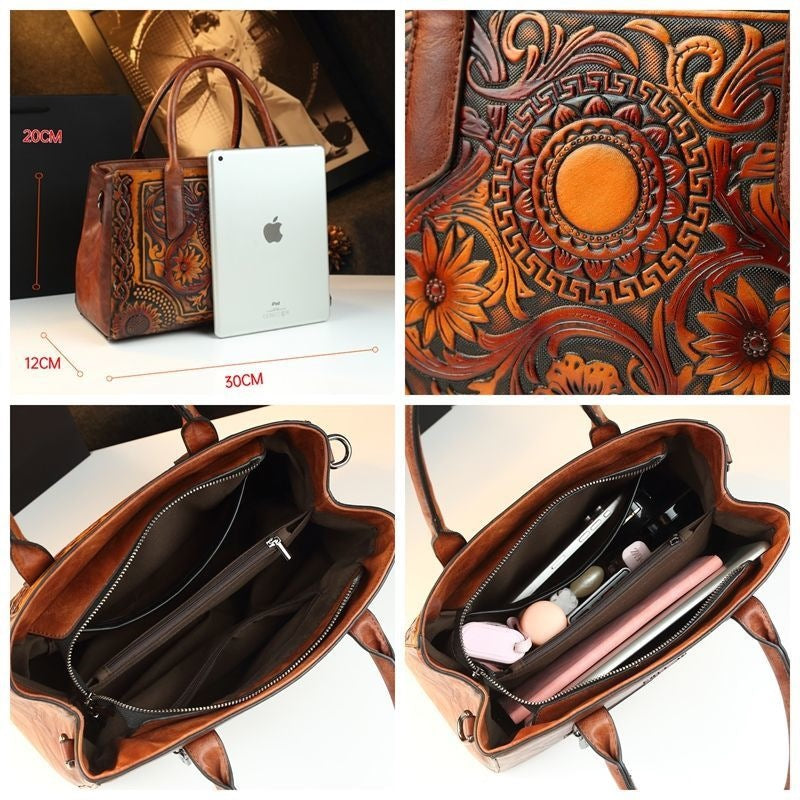 Retro Women's Bag Embossed Flower Tote Bag Genuine Leather New Ethnic Style Single Shoulder Crossbody Bag Large Capacity