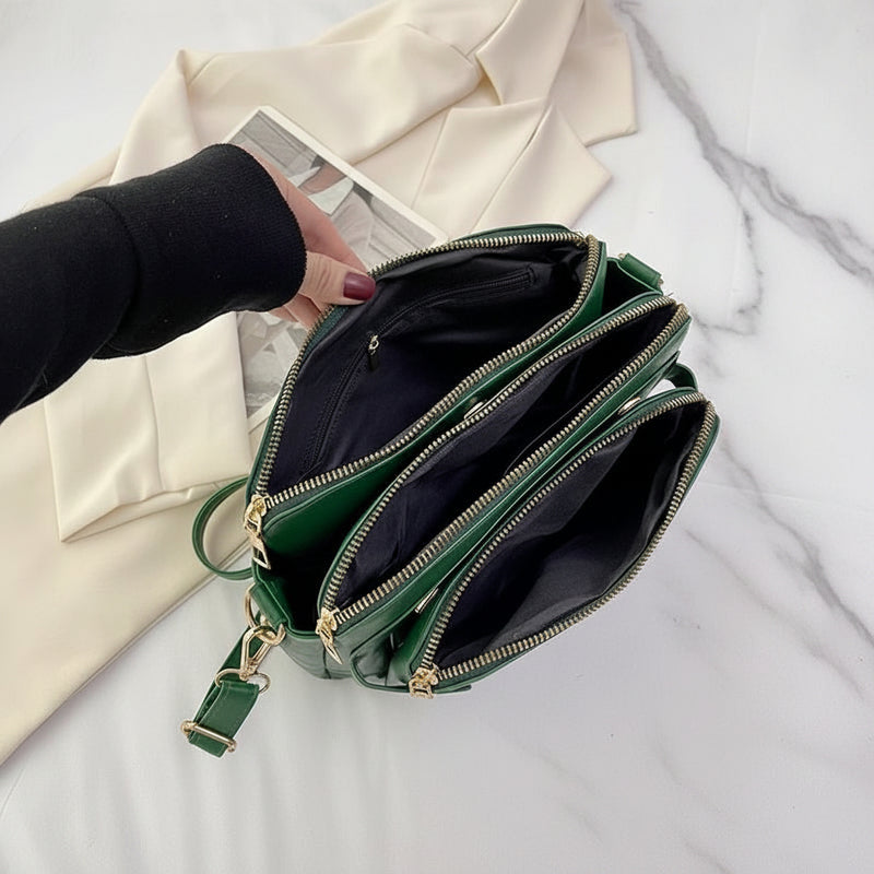Retro Three-Layer Leather Crossbody Bag Multi-Compartment Handbag Small Square Bag