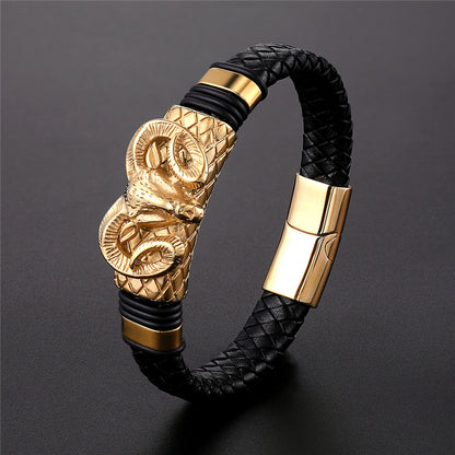 European And American Popular Men's Constellation Stainless Steel Leather Bracelet Woven Fashion Titanium Steel Leather Rope Bracelet Men's Wholesale