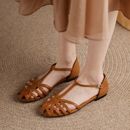 Flat Shoes Women's  Spring And Summer New Fashion Hollow Breathable Korean Style One-word Buckle Fashion Shoes Spot Women's Shoes