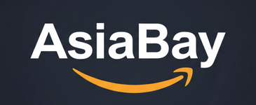 AsiaBay ( logo igual al de amazon letras blancas flecHA DE ABAJO NARANJA HACIA LA DERECHA)