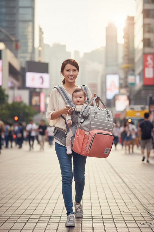 Mamá de Hong Kong con mochila diaper
